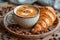 Singleorigin coffee served with a croissant on wooden dish