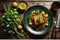 Singular Culinary Delight: Overhead Shot of an Expertly Plated Delectable Dish with Contrasting Textures and Vibrant Ingredients