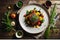 Singular Culinary Delight: Overhead Shot of an Expertly Plated Delectable Dish with Contrasting Textures and Vibrant Ingredients