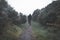 A sinister blurred hooded figure running towards the camera on a country path on a foggy rainy day. With a muted, dark edit