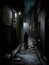 A sinister figure lurking in the shadows of a winding alleyway its eyes glowing in the moonlight. Gothic art. AI