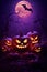 Sinister grins of Halloween Jack-o'-lantern pumpkins among terrible violet forest with pink moon.