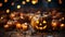 Sinister Halloween composition in dark tones. Spooky pumpkin jack-o-lanterns, burning candles, beads, blurred background