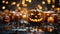 Sinister Halloween composition in dark tones. Spooky pumpkin jack-o-lanterns, burning candles, beads, blurred background