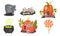 Sinister Halloween Holiday Symbols with Cauldron and Gravestone Vector Set