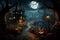 Sinister path, Hilltop house, pumpkins, cemetery illustration sets Halloweens eerie tone