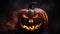 Sinister Pumpkin with Menacing Grin on Dark Cinematic Halloween Background AI Generated