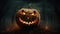 Sinister Pumpkin with Menacing Grin on Dark Cinematic Halloween Background AI Generated