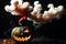 Sinister smoking pumpkin. Decorations for Halloween. Artificial intelligence generated.