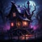 sinister sorceress\\\'s enchanted cottage amidst chaotic planks, Generative AI