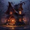 sinister sorceress\\\'s enchanted cottage amidst chaotic planks, Generative AI