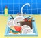 Sink with dirty dishes. Flat style illustration