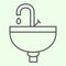 Sink thin line icon. Wash basin or washstand with tap symbol outline style pictogram on white background. Homebuilding