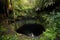 sinkhole with exposed underground streams and waterfalls, surrounded by lush greenery