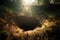 sinkhole that has collapsed into underground cave system, with sunlight shining through the hole