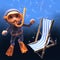 Sinking deckchair passes by a snorkel scuba diver under the sea 3d illustration