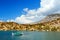 Sinking sailboat in shallow water after a storm on Simi island. Greece. Europe.