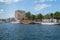 Sinop/Turkey - August 04 2019: View of a boats and Sinop castle in background with blacksea