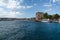 Sinop/Turkey - August 04 2019: View of a boats and Sinop castle in background with blacksea