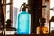 Siphon for soda water. A vintage blue glass soda siphon stands on a shelf surrounded by ancient artifacts.