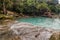 SIQUIJOR, PHILIPPINES - FEBRUARY 9, 2018: People enjoy Cambugahay Falls on Siquijor island, Philippine