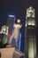 Sir Stamford Raffles statue at night, Singapore