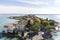 Sirmione panoramic view. Panoramic aerial view on historical town Sirmione on peninsula in Garda lake, Lombardy, Italy