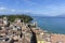 Sirmione panoramic view. Panoramic aerial view on historical town Sirmione on peninsula in Garda lake, Lombardy, Italy