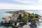 Sirmione panoramic view. Panoramic aerial view on historical town Sirmione on peninsula in Garda lake, Lombardy, Italy