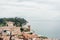Sirmione panoramic view. Panoramic aerial view on historical town Sirmione on peninsula in Garda lake, Lombardy, Italy