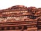 Sirpur, Chhattisgarh, India - January 9, 2009 Ancient unglazed brick sculpture on temple