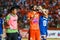 SISAKET THAILAND-AUGUST 13: Victor Amaro of Sisaket FC. (orange) drinking water during Thai Premier League between Sisaket FC and