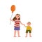 Sister with balloon holding her little brothers hand cartoon characters vector Illustration