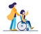 The sister helps the young relative of a disabled person in a wheelchair in transportation. Spend time together with fun