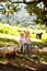 Sister sit on tree campground in mountains