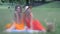 Sisters in dresses looking at each other having picnic in park