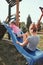 Sisters having fun on a slide together