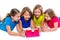 Sisters kid girls with tech tablet pc playing happy