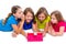 Sisters kid girls with tech tablet pc playing happy