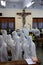 Sisters of Mother Teresa`s Missionaries of Charity in prayer in the chapel of the Mother House, Kolkata