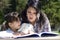 Sisters reading book together