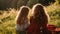 Sisters Sharing a Moment in Golden Sunset Light. Generative ai