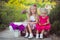 Sisters two both blond with deep ice blue eyes wearing colourful dresses posing in central park forest meadow sitting on travellin