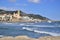 Sitges church and sea in Sitges, Catalonia, Spain