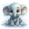 Sitting baby elephant with bubbles and flowers, watery background, playful and adorable gaze.