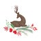 Sitting Brown Deer and Winter Twigs and Flower Composition Beneath It Vector Illustration