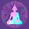 Sitting Buddha over colorful neon background. Vector illustration. Psychedelic mushroom composition. Indian, Buddhism