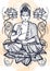 Sitting Buddha over lotus flowers. Hand-drawn beautiful vector art, graphic illustration . Grange watercolor background