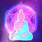 Sitting Buddha over sacred geometry background. Vector illustration. Psychedelic neon composition. Indian, Buddhism, Spiritual Ta