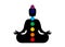 Sitting Buddha silhouette in meditation with chakras. Seven chakras, energy body and Yogi meditating in the lotus position